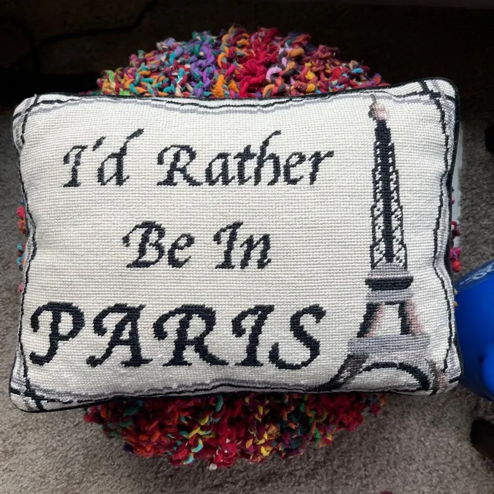VTG Paris Needlepoint Pillow Eiffel Tower Velvet Back French Cottage Decor